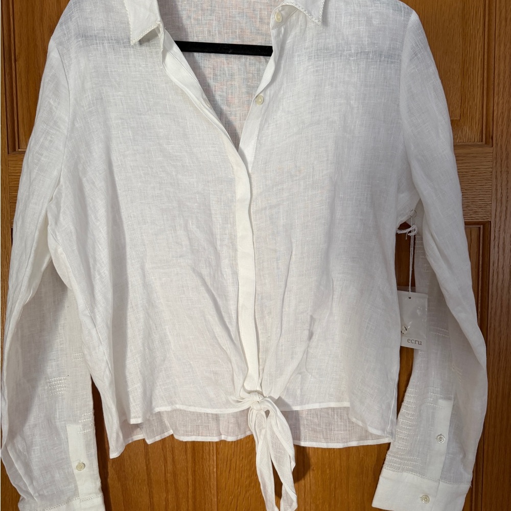 Ecru White Linen Tie Front Button Down Blouse NWT Large